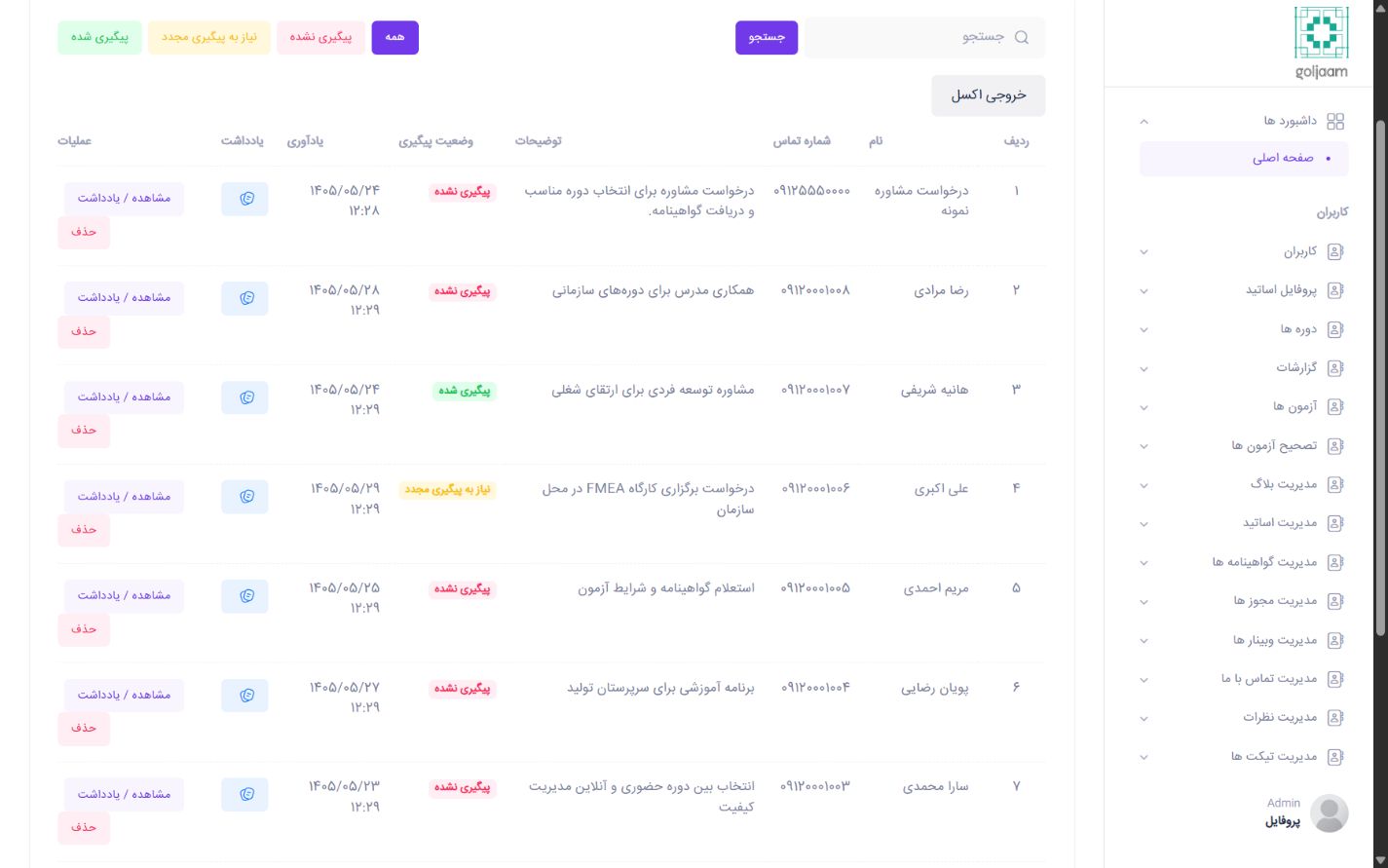 پیگیری درخواست‌های مشاوره - آتینو آکادمی؛ سامانه جامع آموزش، آزمون و صدور گواهینامه