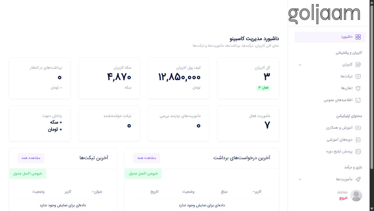 داشبورد مدیریت - کسبینو؛ پلتفرم بازی وار کسب درآمد