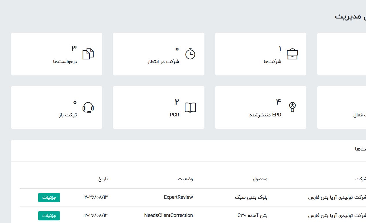 داشبورد مدیریت - EPD Portal؛ سامانه جامع مدیریت اظهارنامه زیست محیطی محصول