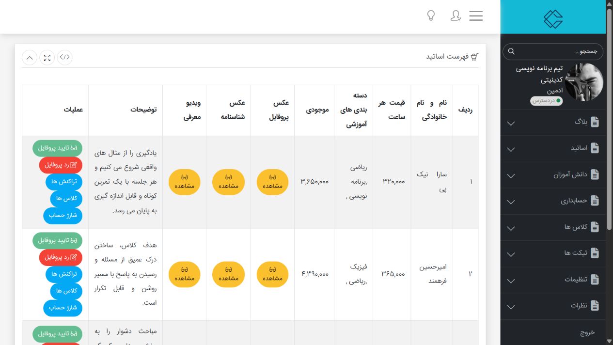 مدیریت و تأیید مدرس‌ها - لنیو؛ پلتفرم جامع آموزش و تدریس آنلاین